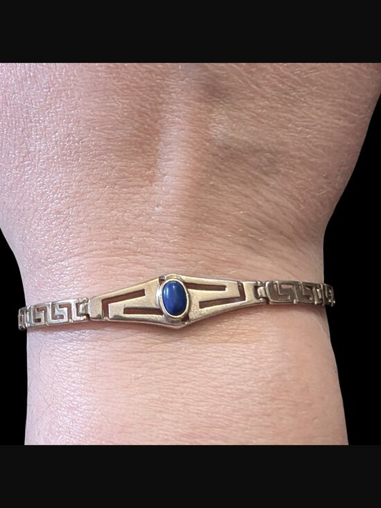 Unbranded Jewelry - 925 Sterling Silver Greek Key Meander Blue Lapis Size 7.25" Bracelet